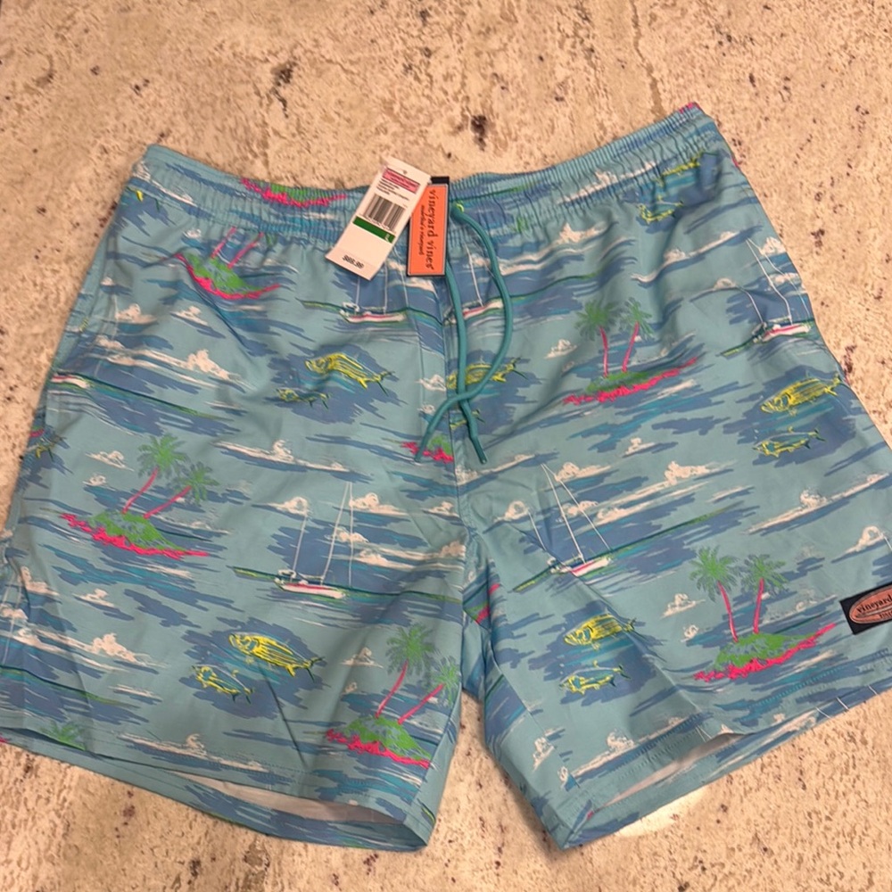Vineyard Vines Blue Tropical Print Swim Shorts